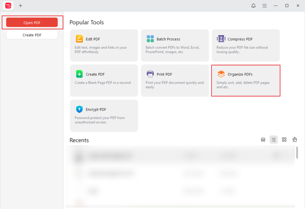 Click Open PDF or Organize PDFs to import the target PDF file in JOPDF