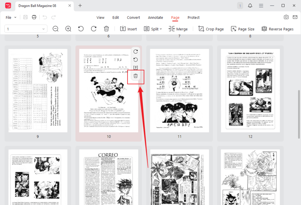 Hover over the target page and click the Delete icon to remove it in JOPDF