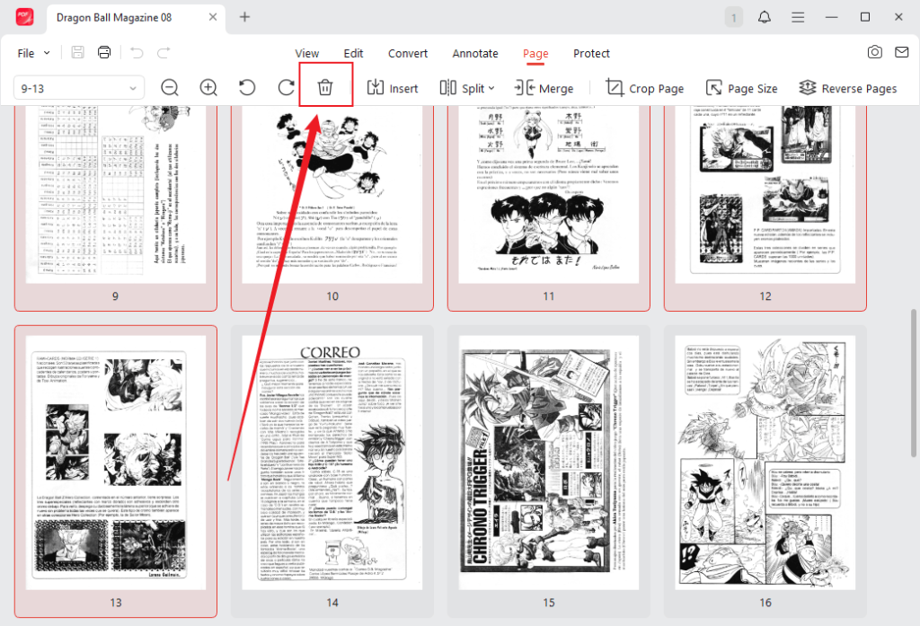 Choose multiple pages and click the Delete icon to delete them in JOPDF