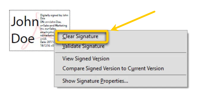 Click the Clear Signature option in Adobe Acrobat Pro
