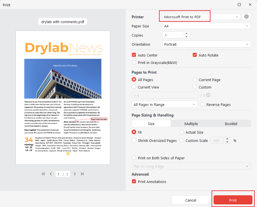 Select Microsoft Print to PDF as the printer and click Print in JOPDF