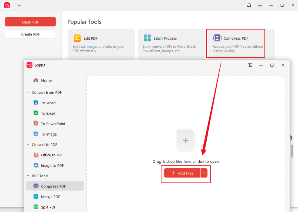Click Compress PDF and click Add Files to upload a large PDF into JOPDF