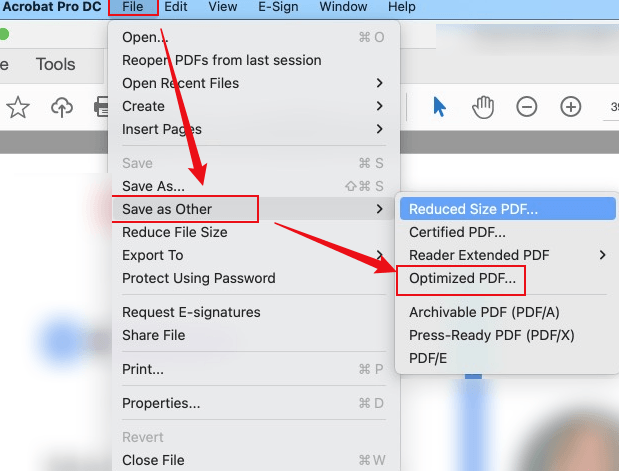 Click File and select the Optimized PDF option from the Save as Other list in Adobe Acrobat Pro