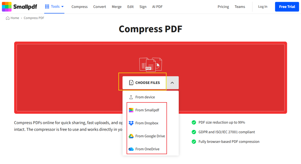 Click CHOOSE FILES to upload a large PDF file to Smallpdf