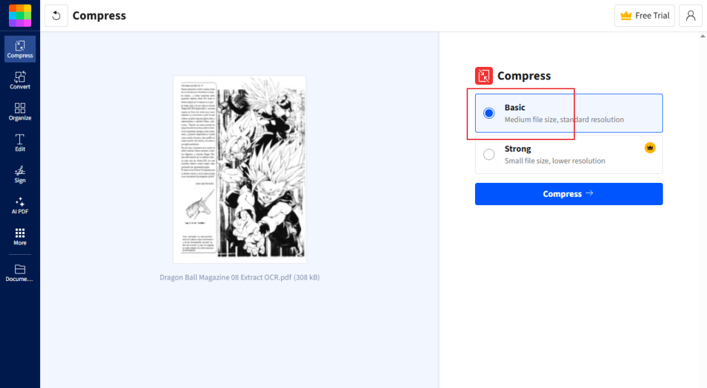 Select Basic for compressing the PDF in Smallpdf