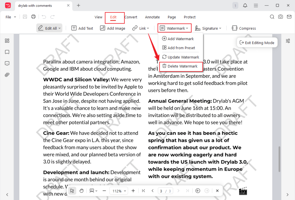 Click Watermark and select the Delete Watermark option in JOPDF