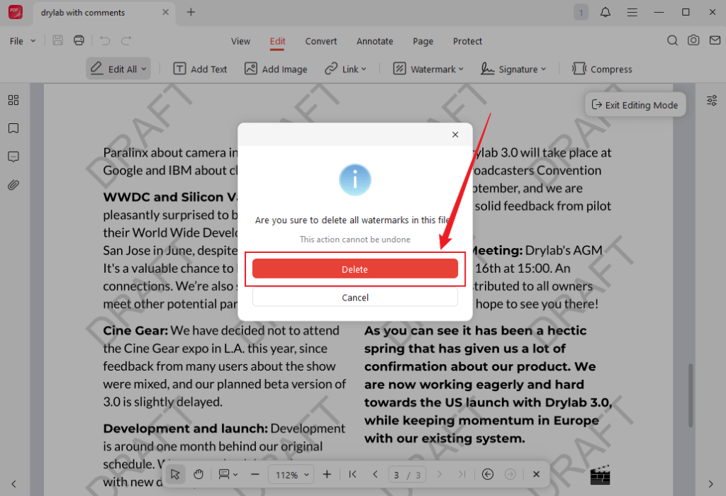 Click the Delete button to remove watermarks from a PDF in JOPDF