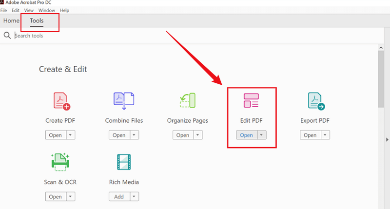 Click Tools and select the Edit PDF option in Adobe Acrobat Pro