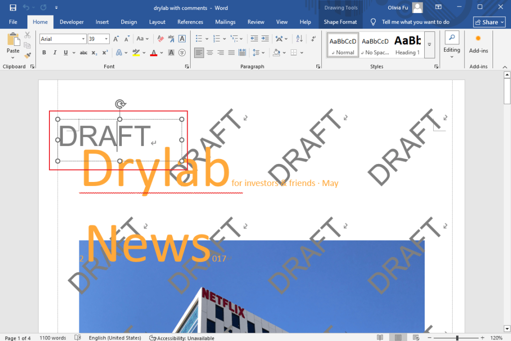 Click on the watermark in Microsoft Word and press Delete to remove it