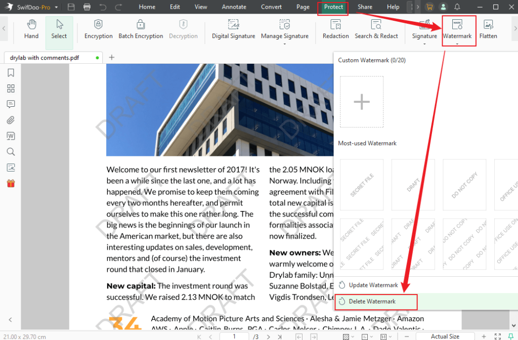 Go to Protect and select the Delete Watermark option from the Watermark list in SwifDoo PDF