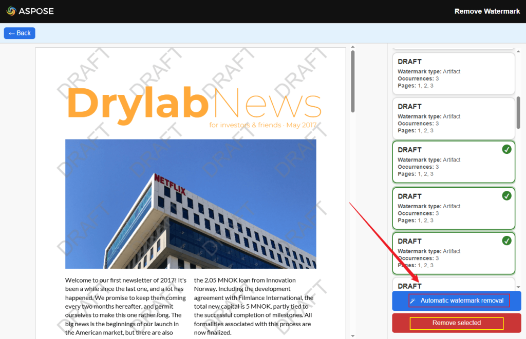 Select the needed option to remove watermarks from a PDF in Aspose