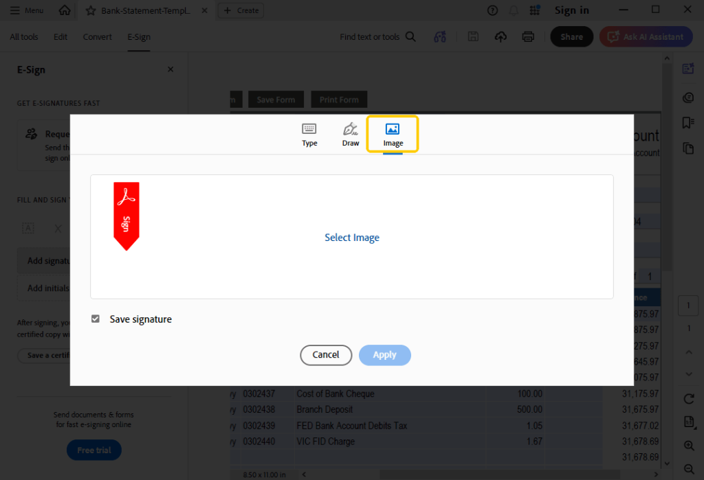 Adobe Upload Signature Image