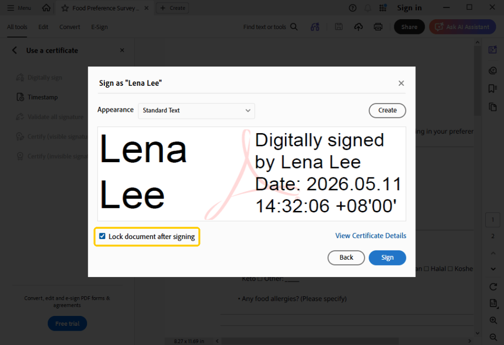 Lock document after signing