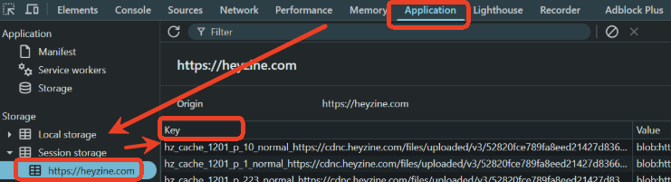 Click Application and click on https://heyzine.com under Session storage via the DevTools