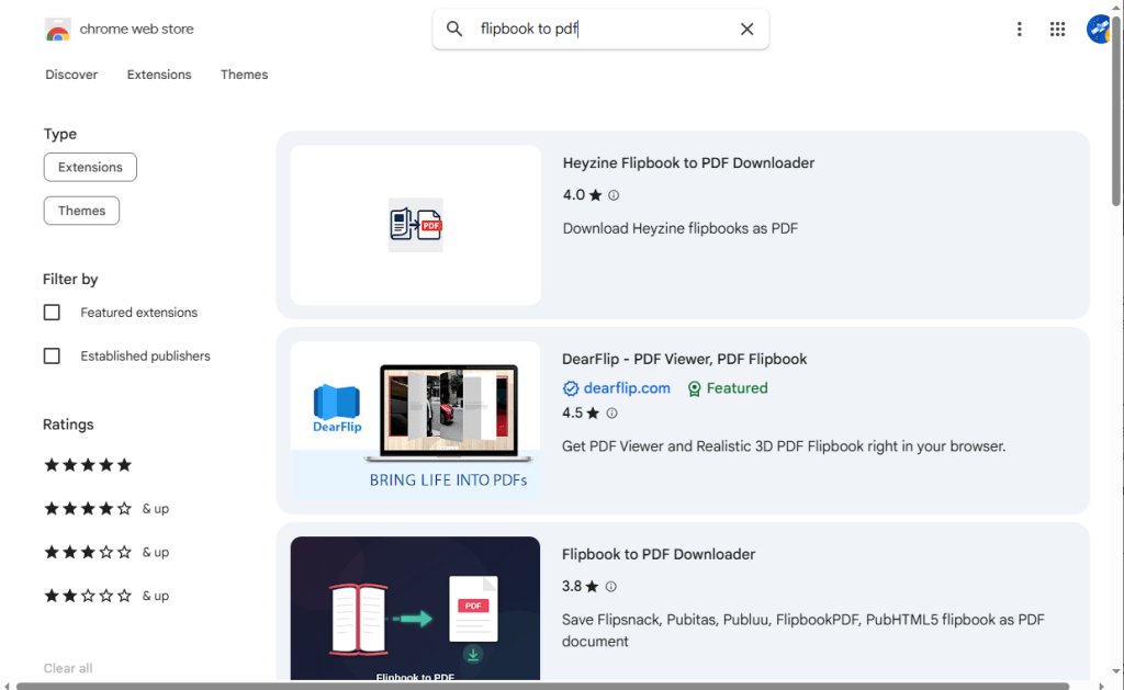 Search for “flipbook to PDF” in Chrome Web Store