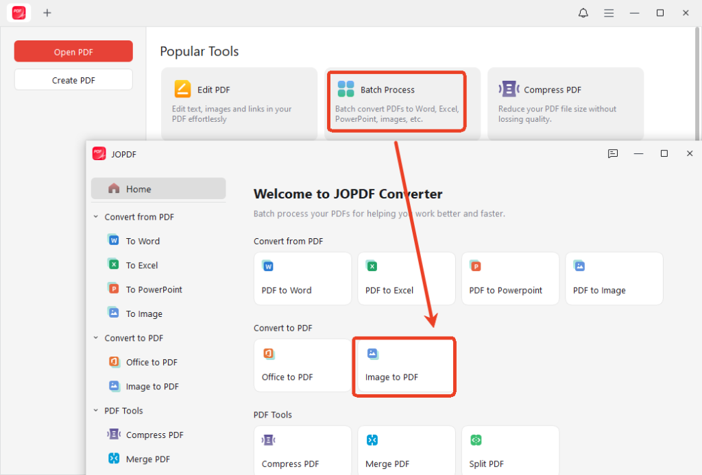 Click Batch Process and select Image to PDF in JOPDF