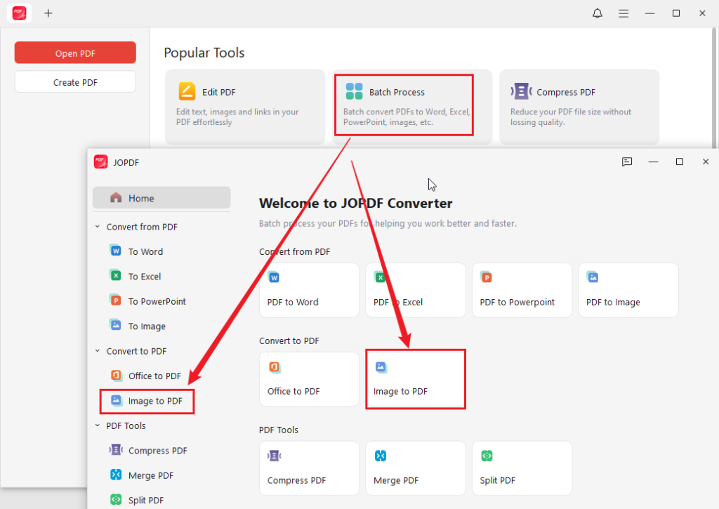 Go to Batch Process and select Image to PDF in JOPDF