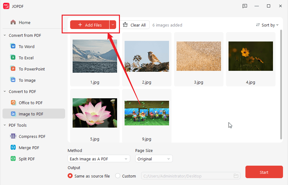 Click Add Files to upload your JPG images into JOPDF