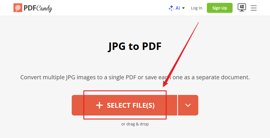 Click SELECT FILE(S) to upload your JPGs into PDF Candy