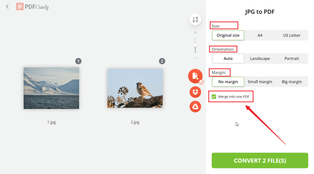 Convert JPGs to PDFs in PDF Candy