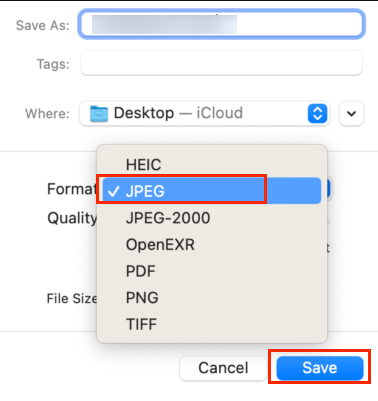 Open Format and click JPEG in Preview