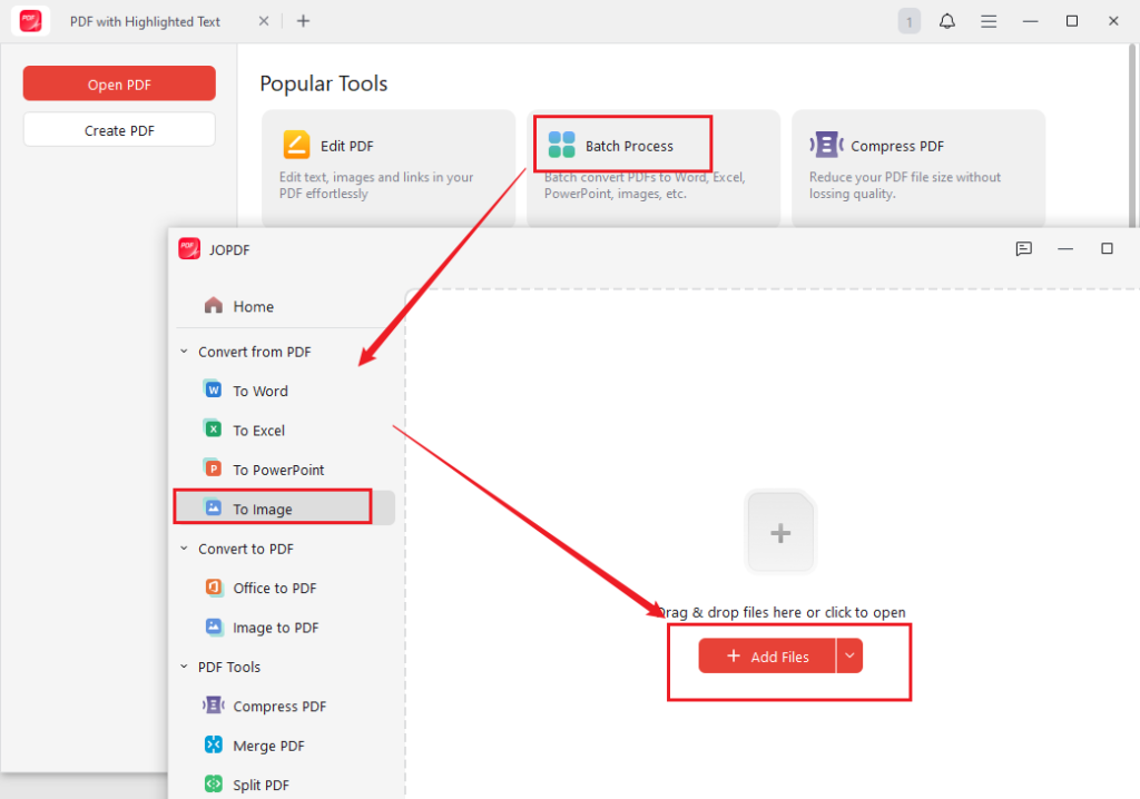 Go to Batch Process and select PDF to Image for batch PDF to JPG conversions in JOPDF
