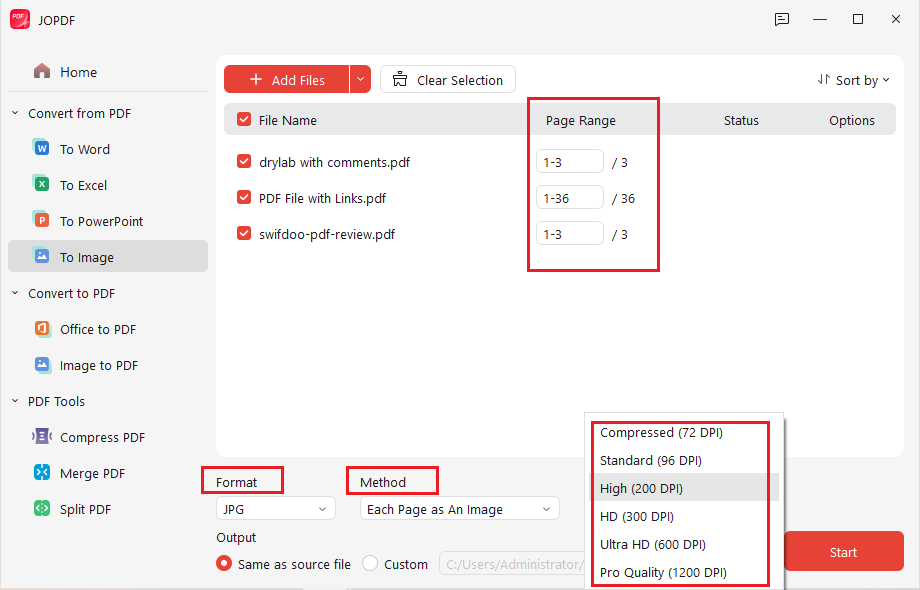 Customize the settings for PDF to JPG conversion in JOPDF