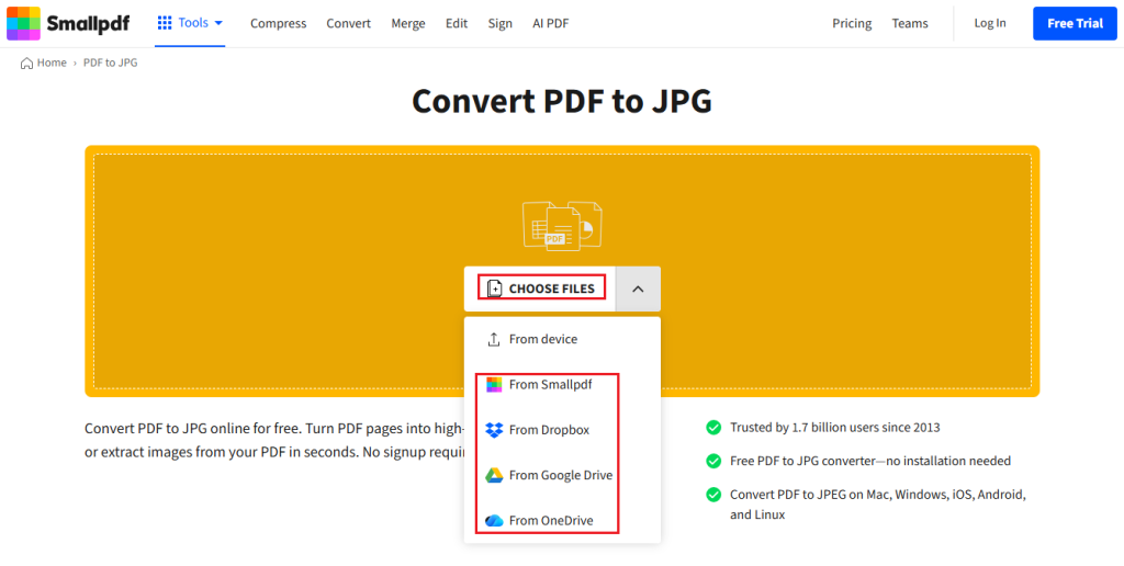 Click CHOOSE FILES to upload the target PDF file in Smallpdf