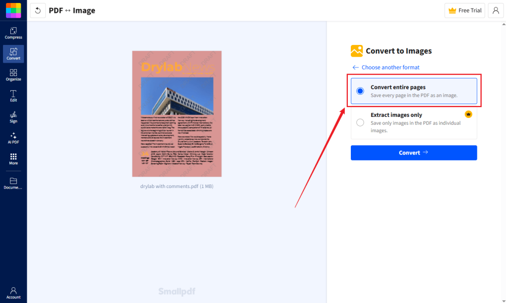 Select “Convert entire pages” in Smallpdf for PDF to JPG conversion