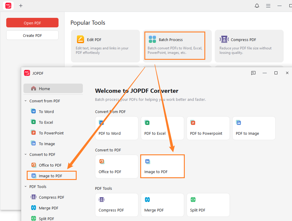 Click Batch Process and select Image to PDF in JOPDF