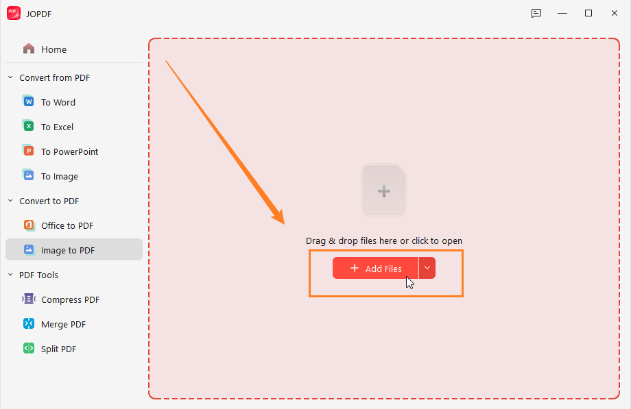 Click Add Files to import your screenshots into JOPDF