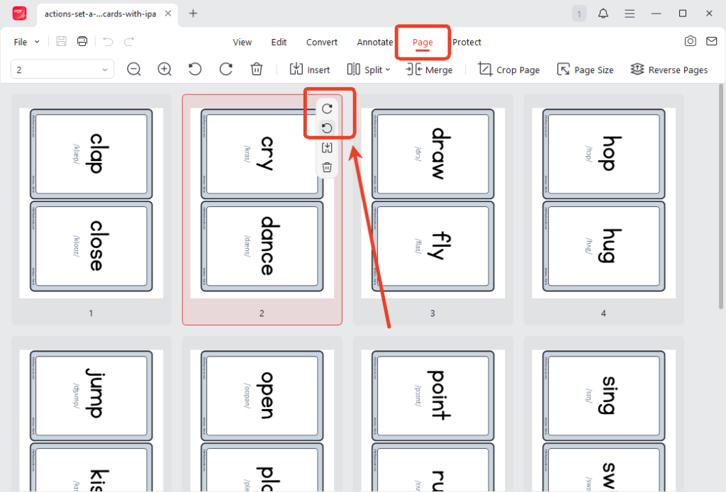 Go to Page and click the Rotate icon on the target page in JOPDF