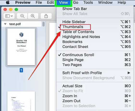 Click View and select Thumbnails in Preview