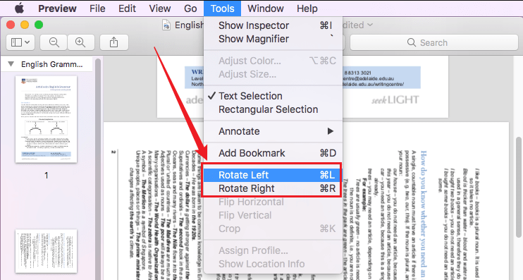 Click the Rotate Left or Rotate Right option in Preview