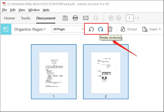 Click the Rotate icon to rotate selected pages in Adobe Acrobat