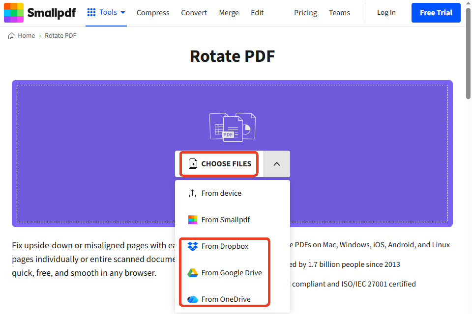 Click CHOOSE FILES to upload your PDF for rotation in Smallpdf
