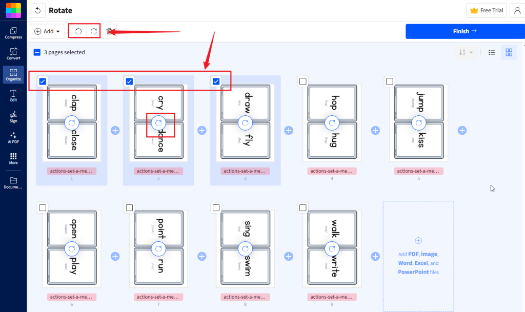 Select the target page and click the Rotate icon in Smallpdf