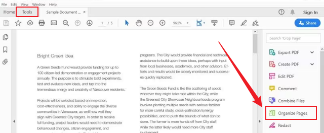 Click Tools and select the Organize Pages option in Adobe Acrobat Pro