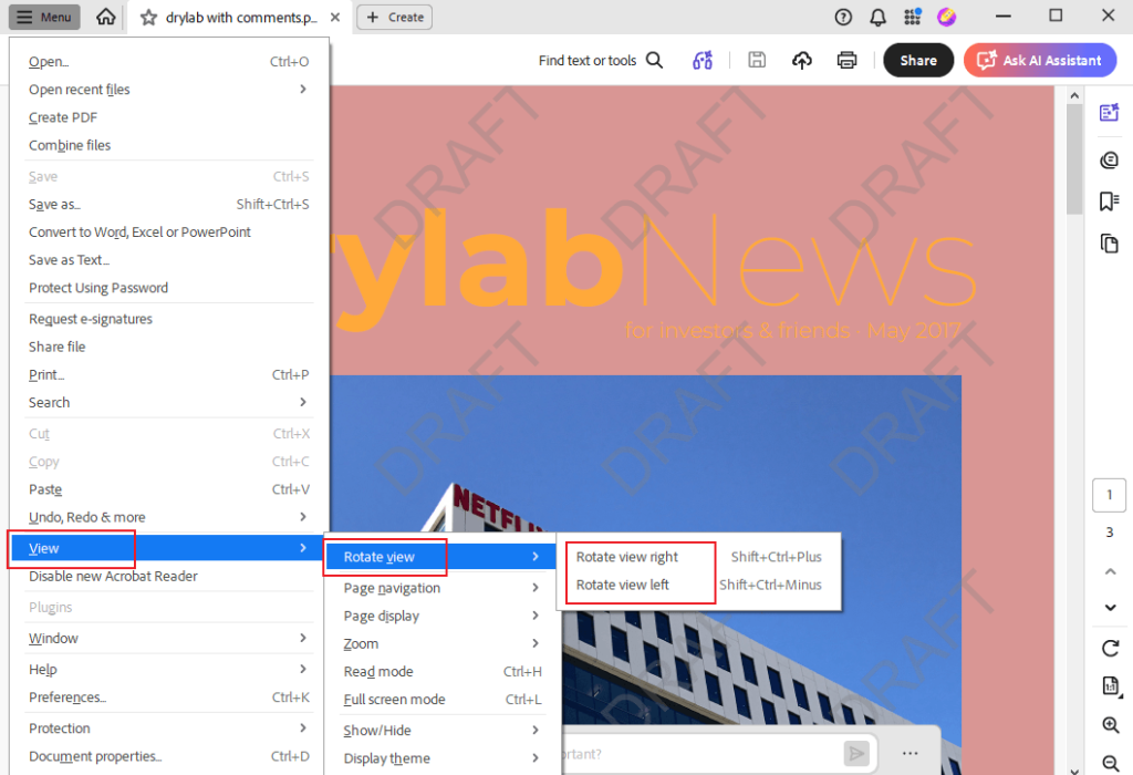 Click Menu and go to Rotate view from the View list in Adobe Acrobat Reader