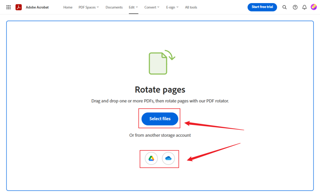 Click Select files to upload the PDF you need to rotate in Adobe Acrobat Online