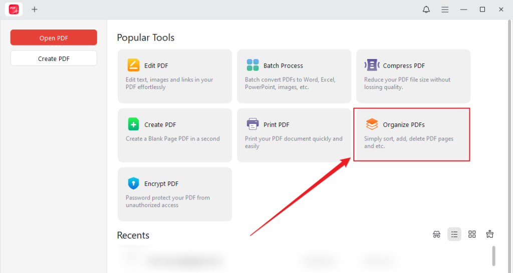 Click Organize PDFs to import your target PDF into JOPDF