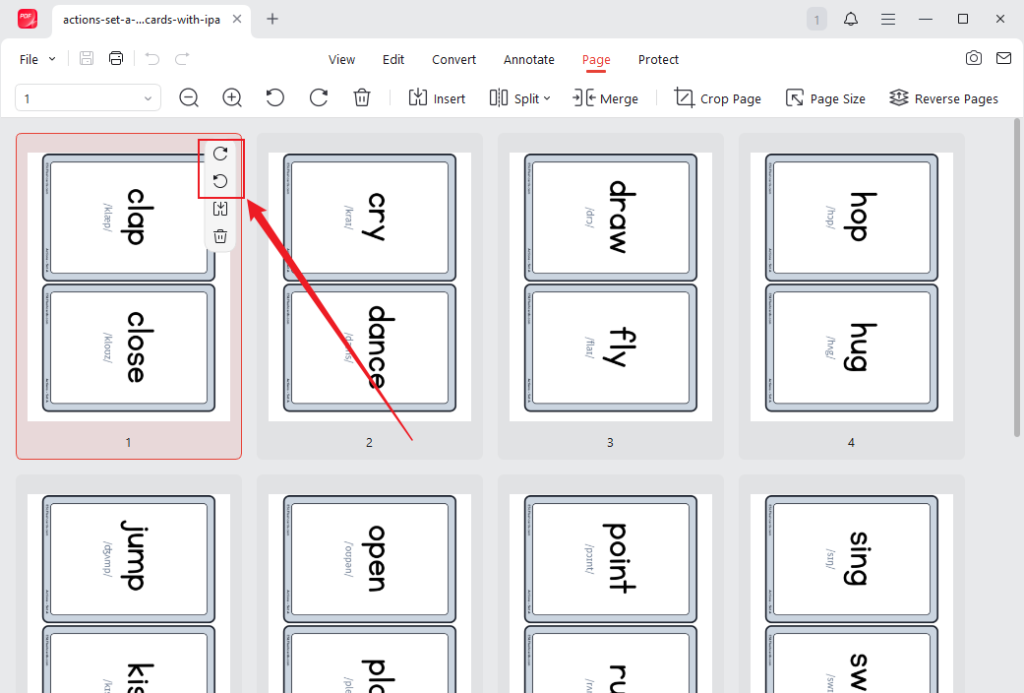 Hover over the target PDF page and click the rotate icon in JOPDF