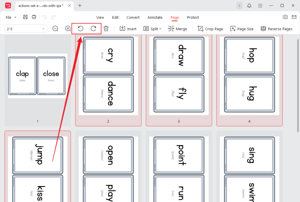 Select the PDF pages you need to rotate and click the rotate icon in JOPDF