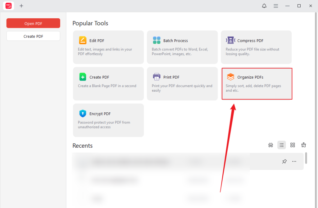 Click Organize PDFs to upload the PDF to rotate it in JOPDF