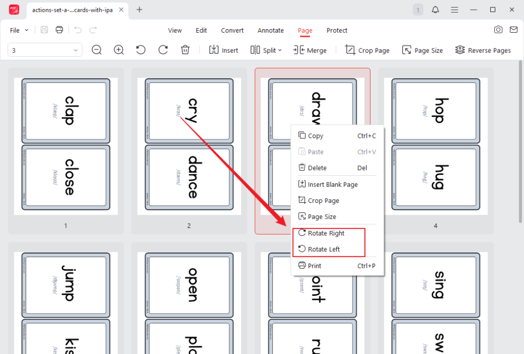 Right-click the page and click the Rotate Left or Rotate Right option in JOPDF