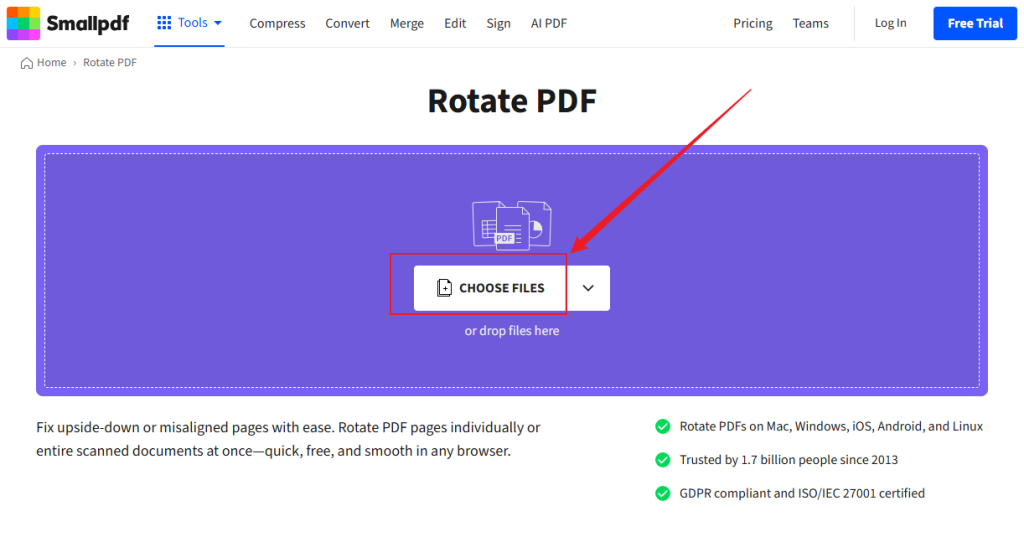 Click CHOOSE FILES to upload the target PDF in Smallpdf