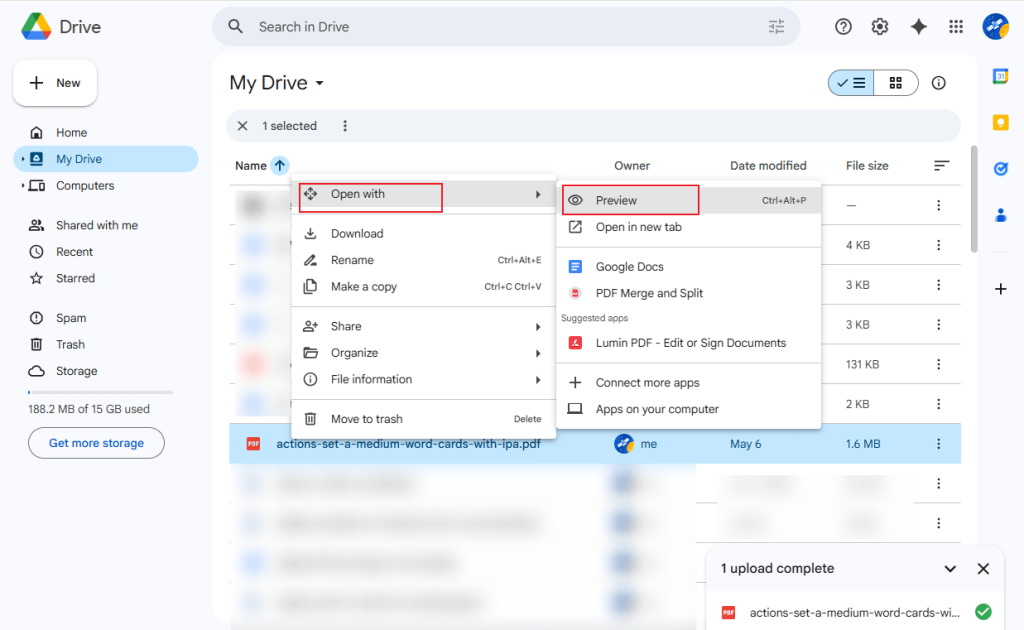 Open the uploaded PDF with Preview in Google Drive