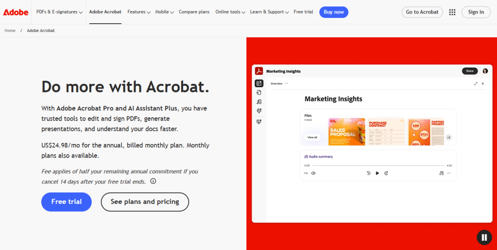 The website interface of Adobe Acrobat