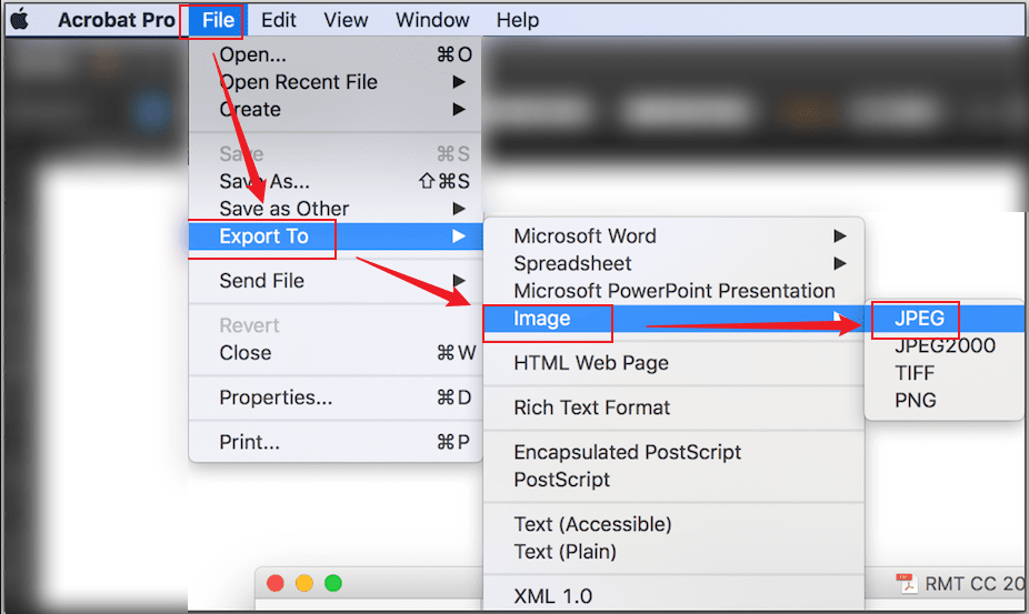 Click File and go to Export To > Image > JPEG in Adobe Acrobat Pro
