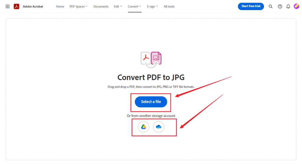 Click Select a file to upload your PDF into Adobe Acrobat Online for PDF to JPG conversion